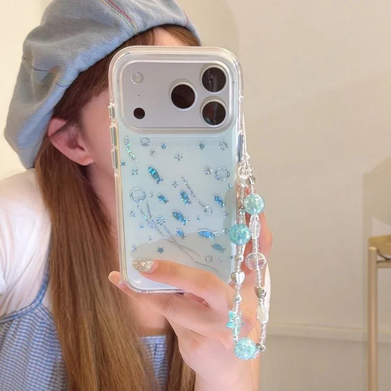 

Korean Ins Cute Blue Little Fish Phone Case For iPhone 17 Pro 16 15 14 Pro Max Back Cover with Chain Shockproof Acrylic Hard Cas
