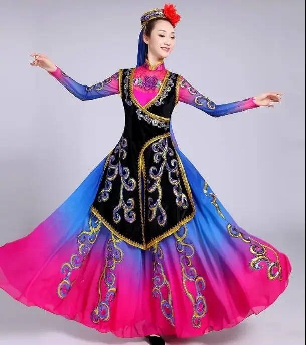 Chinese Folk Dance Uighur Traditional Xinjiang Women Dance Dress Stage Sequins Folk Include Hat