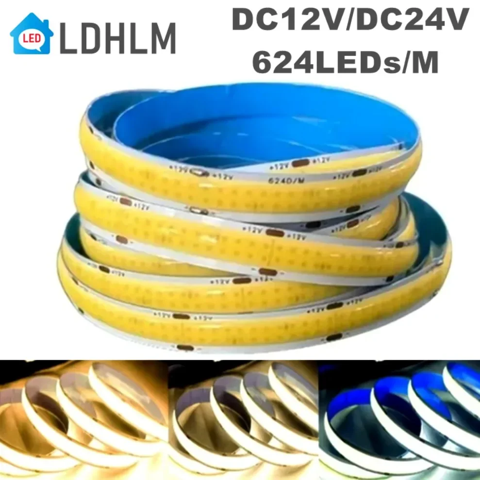 

COB LED Lights Strip DC12V/24V High Brightness Flexible FOB LED Tape Double Row 624LEDs/M RA90 Dimmable 3000K 4000K 6000K Strip