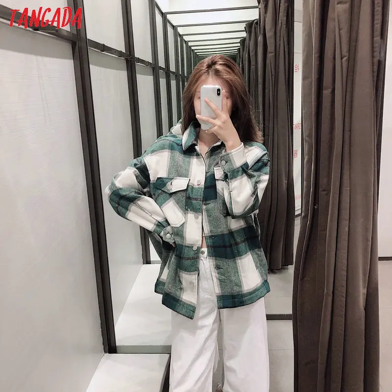 Tangada 2020 Winter Women green plaid Long Coat Jacket Casual High Quality Warm Overcoat Fashion Long Coats 3H04