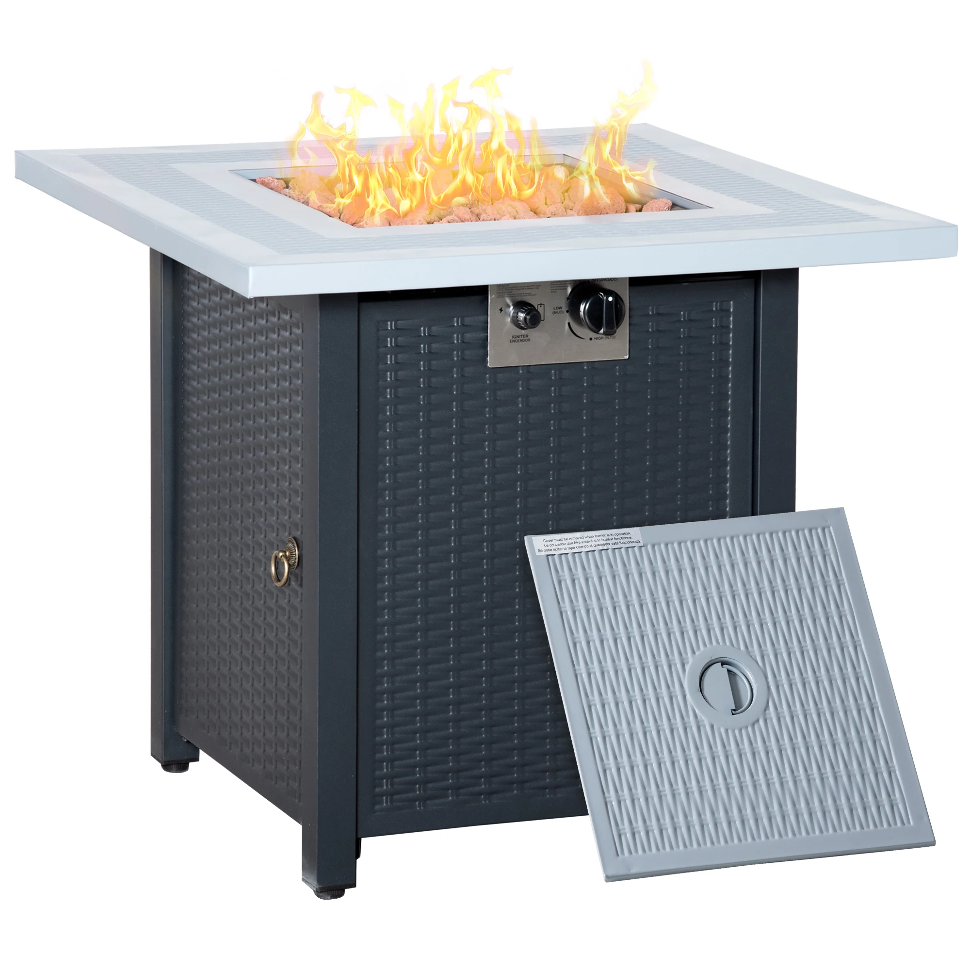 Outsunny Square Propane Gas Fire Pit Table, 40000 Btu Rattan Smokeless Firepit Patio Heater, Black