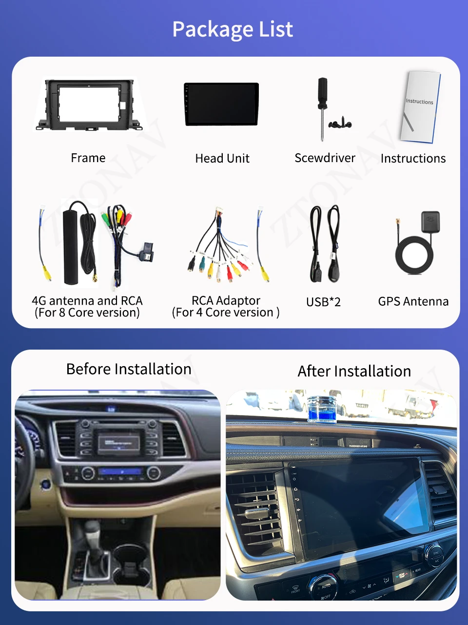 Carplay Car Stereo For Toyota Highlander 3 XU50 2013 - 2018 Car Media Player Android Screen GPS Navi Carplay Support 360 Camera