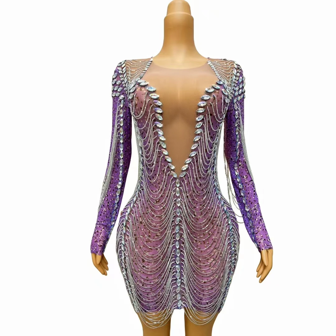 Shining Lady Purple See Through Tassel Rhinestone Ball Gown Bodycon Cocktail Evening Dress Plus Size Women Sexy Prom Club Dress