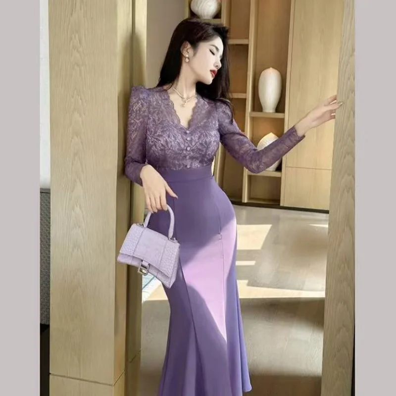 Celebrity Fake 2 Piece Dress Women Elegant Purple Sheer Lace Splice Fishtail Robe Femme Korean Party Office Lady Vestidos Autumn