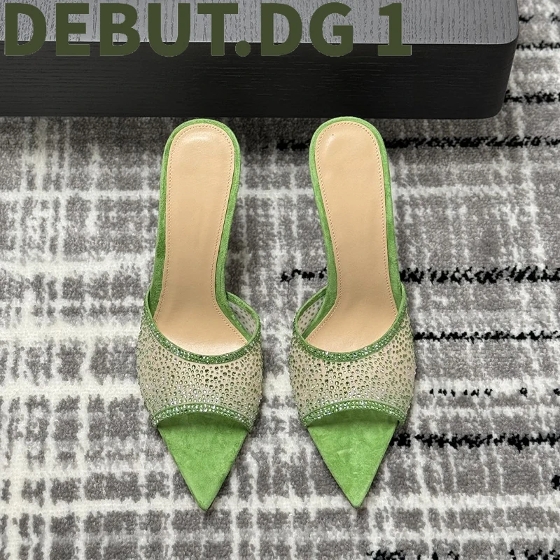 Luxury Czech Crystal Heel Mules Sexy Suede & Mesh Slippers Two Heel Heights Leather Sole Sandals