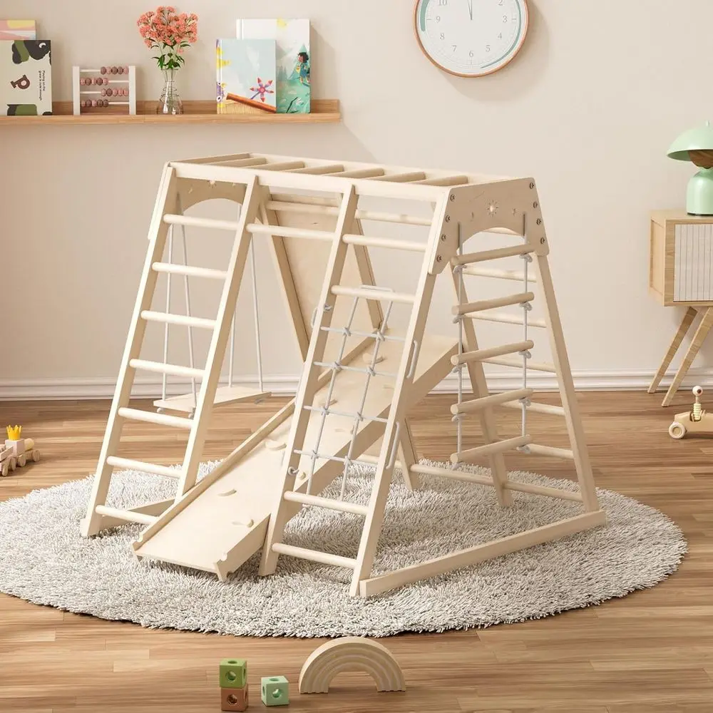 صالة الألعاب الرياضية للغابة مونتيسوري الداخلي الكل في واحد للأطفال: الشريحة، التأرجح، القضبان، جدار الصخور، الخشب الطبيعي، الأعمار 3-8، التوازن والتنسيق #3