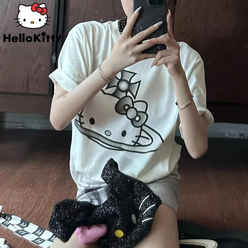 Summer Gothic Hello Kitty White Oversized T-shirt Sanrio Y2k Punk Harajuku Short Sleeve Tops Youthful Woman Clothes Korean Style