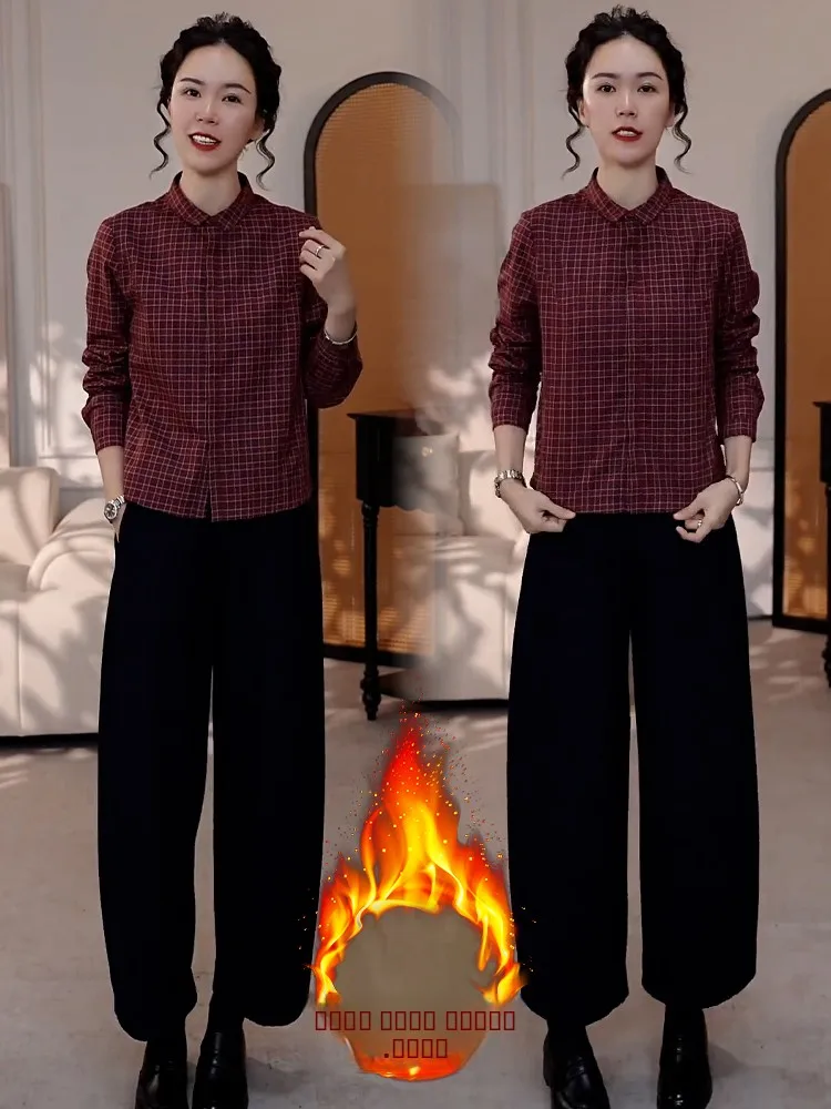 

Faionable Fce Lined Thiened Long Sve женский irt зимний теплый клетчатый винтажный повседневный свободный топ на пуговицах