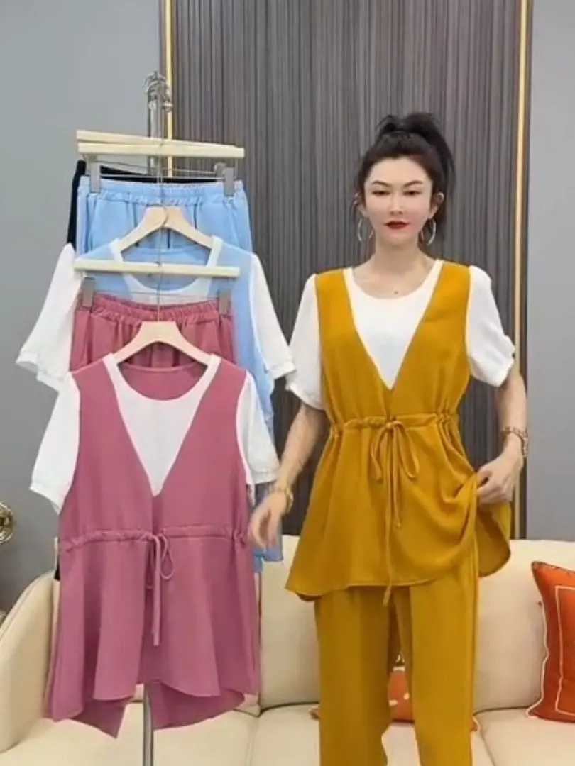 

plus Size Fake Two-Piece Short Sleeve T-Shirt Summer Slimming Top Belly Covering Bold Color Block Korean Style Loose Fit Casu...