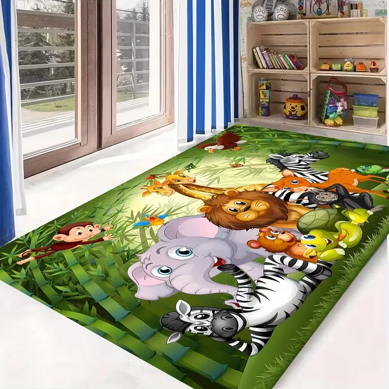 Cute Cartoon Dinosaur And Jungle Animal Print Non Slip Area Rug Soft Comfortable Play Carpet For Bedroom Playroom