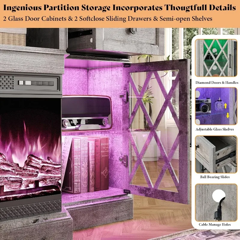 Suporte de TV com lareira, adequado para TVs menores de 80 polegadas e 70 polegadas, centro de entretenimento com luzes LED, com lareira de 36 polegadas cinza