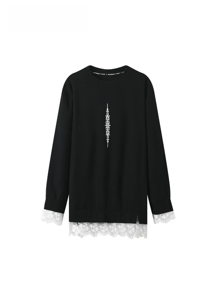 

plus Size Knitted Long Sve Lace Splicing round Ne Women's Top Warm Autumn Winter Faion Korean Sle Thiened Inner Wear