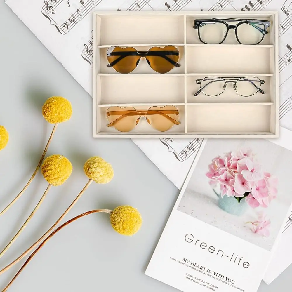 منظم نظارات شمسية باللون البيج والرمادي، حامل نظارات مخملي قابل للتكديس، فواصل داخلية، منظم تخزين النظارات القابل للإزالة