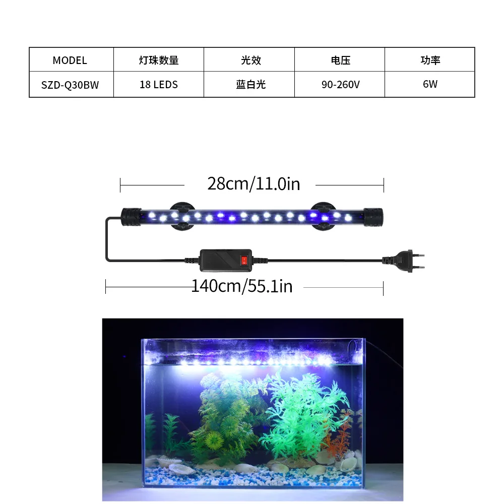 Aquarium Licht Led Plant Kweeklamp Waterdicht Aquarium Licht 18-58Cm Onderwater Aquaria Decor Verlichting 90-260V 5730Chip