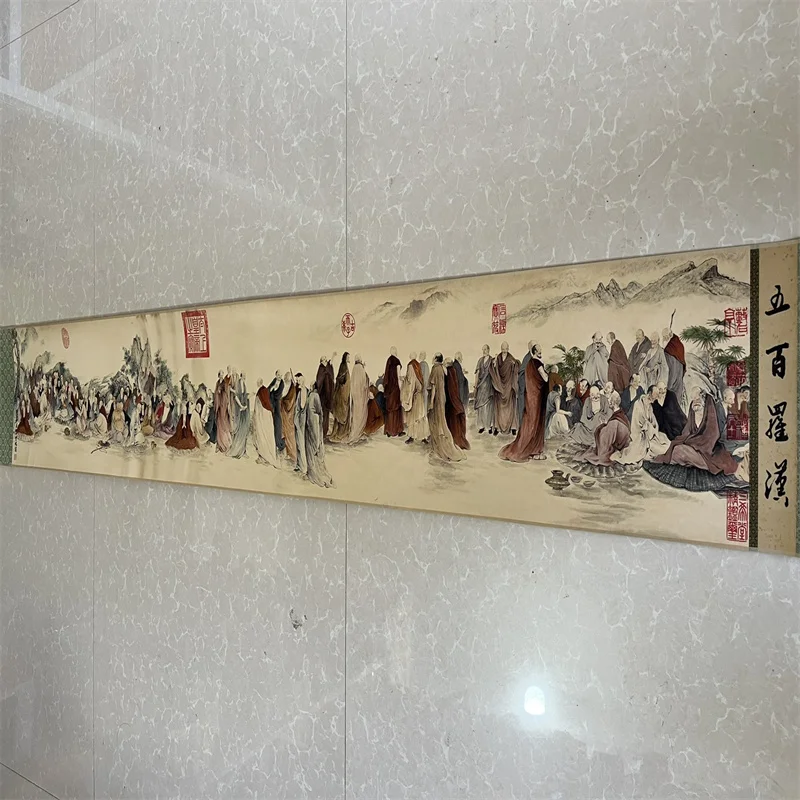 China Old long Scroll  Watercolor painting and Calligraphy , Ding Yunpeng's Five Hundred Arhat collectibles