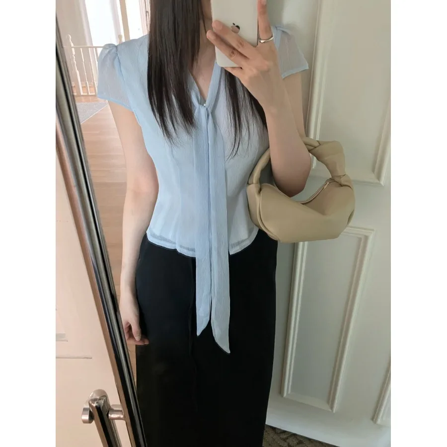 

Summer Texture Chiffon Single Button Short Sleeve Shirt Drifting Belt Korean Style Women's Spring Autumn Winter Fashion Casua...