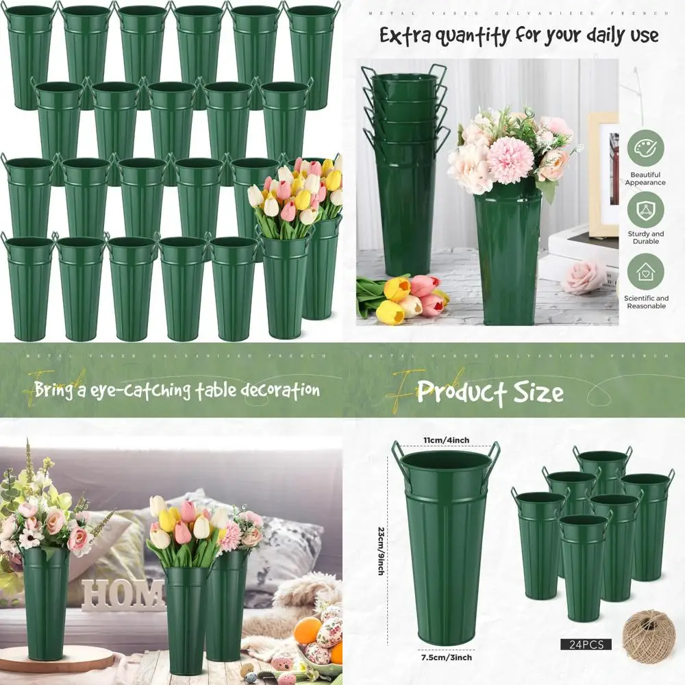 

24-Piece Metal Vases, 9 Inch Galvanized French Farmhouse Style Flower Buckets with Handles and Hemp Rope, Vintage Decorative Flo