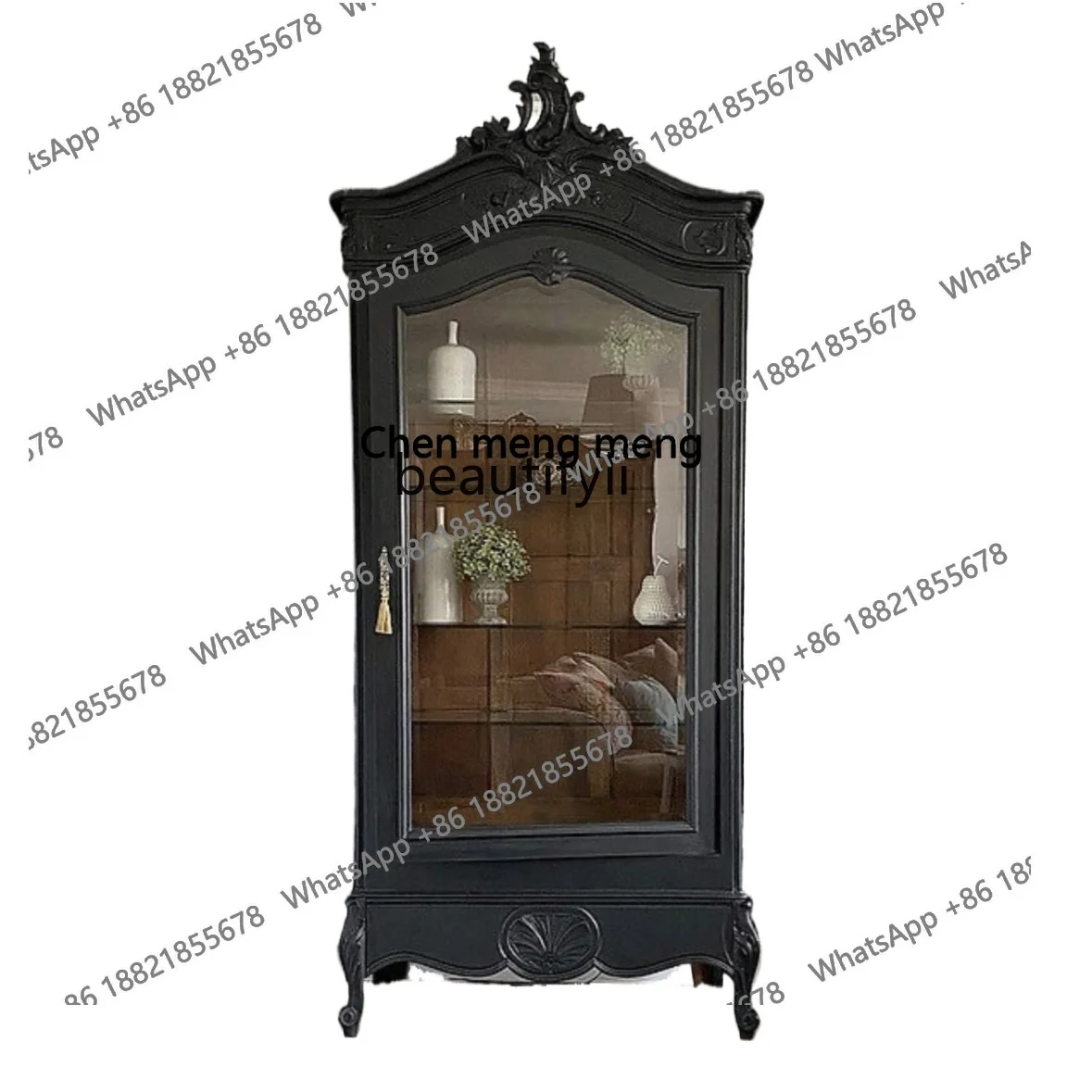 

French Retro Distressed Solid Wood Display Cabinet Black Glass Locker Simple furniture