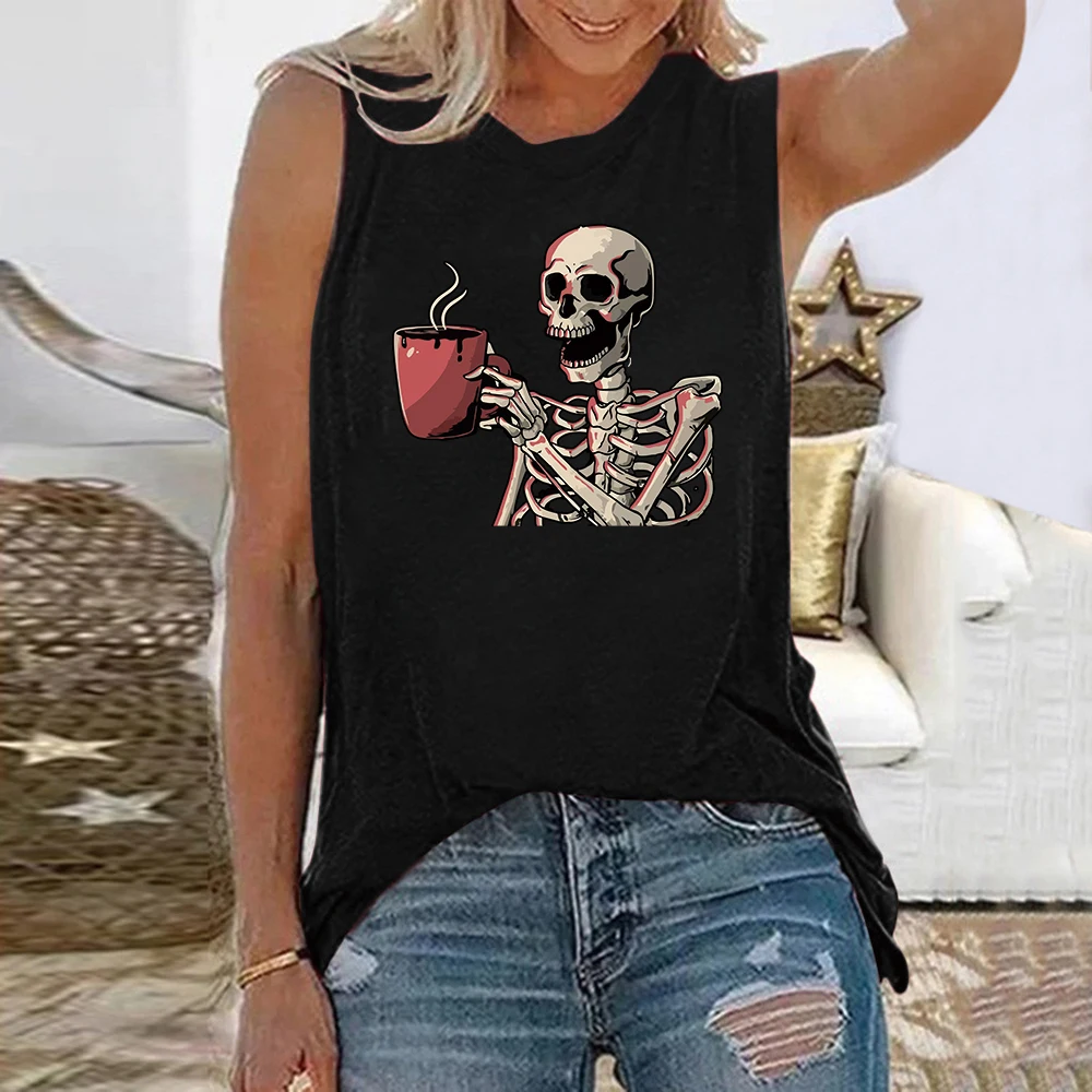 Seeyoushy Skeleton Drinking Coffee Print Funny Women T-shirts Summer New Crew Neck Vintage T Shirt Sleeveless Summer Loose Tops