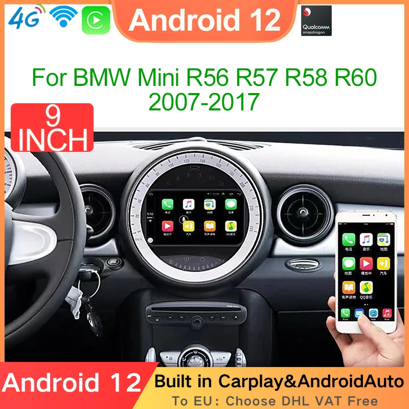 Android 12 Snapdragon Car Multimedia Player GPS Carplay Radio Screen For BMW MINI COOPER R56 R57 R58 R60 2007-2017 Wi-Fi 4G