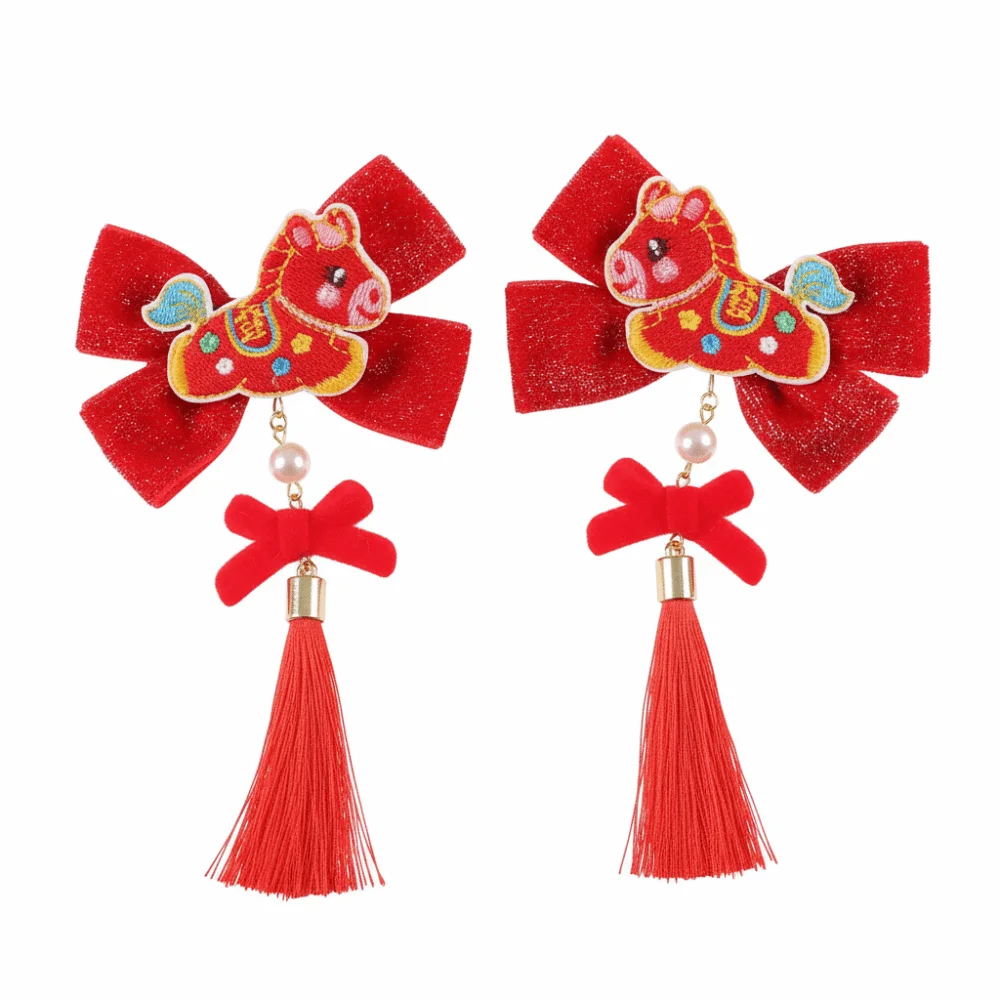 

Cheongsam Cartoon Traditional Chinese Hair Clip Bow Horse Tassel Hairpin Red Hair Ball New Year Hair Accessory Daily
