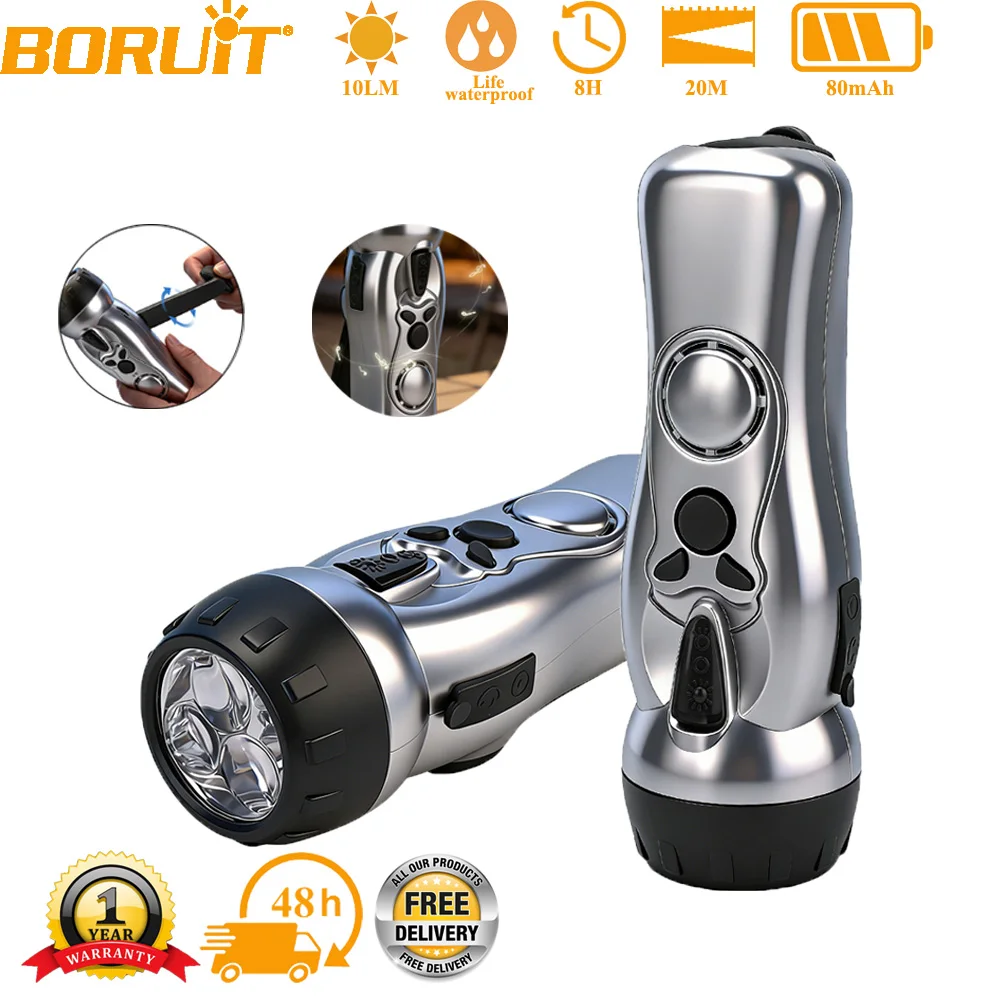

BORUiT 3-in-1 Hand Crank Radio Portable Flashlight Multifunctional USB Charging with Alert function Pocket flashlight for Hiking