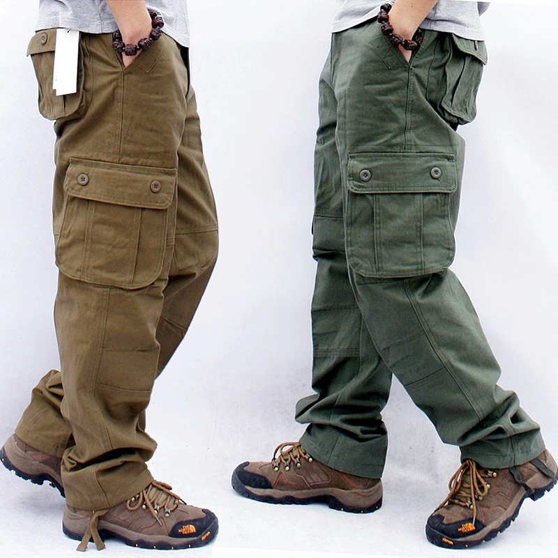 Primavera militar trabalho macacão calças de carga dos homens solto em linha reta tático calça multi-bolso baggy casual algodão calças compridas