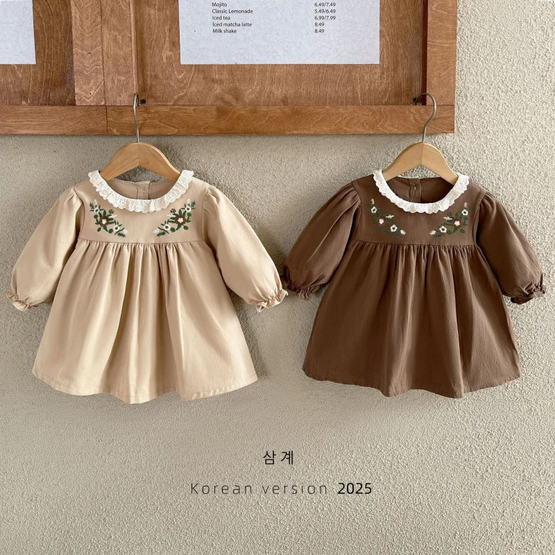 

Girls' Spring Dress Children's Stylish Spring and Autumn Lace Collar Turn-down Collar Little Girl Princess Outing Dress