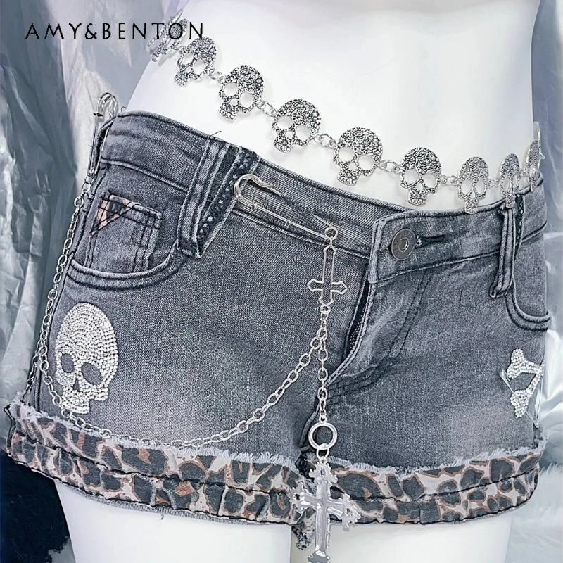 

Punk Design Leopard Print Splicing Y2K Hot Girl Women's Jeans Goth Dark 2025 Autumn New Rhinestone Subculture Gray Shorts Ladies