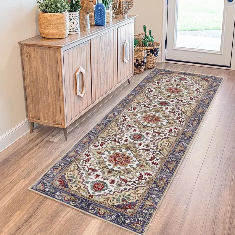 Distressed Medallion Persian Runner Rug for Hallway Bedroom Kitchen Boho Home Decor Soft Non Slip Washable Floor Mat