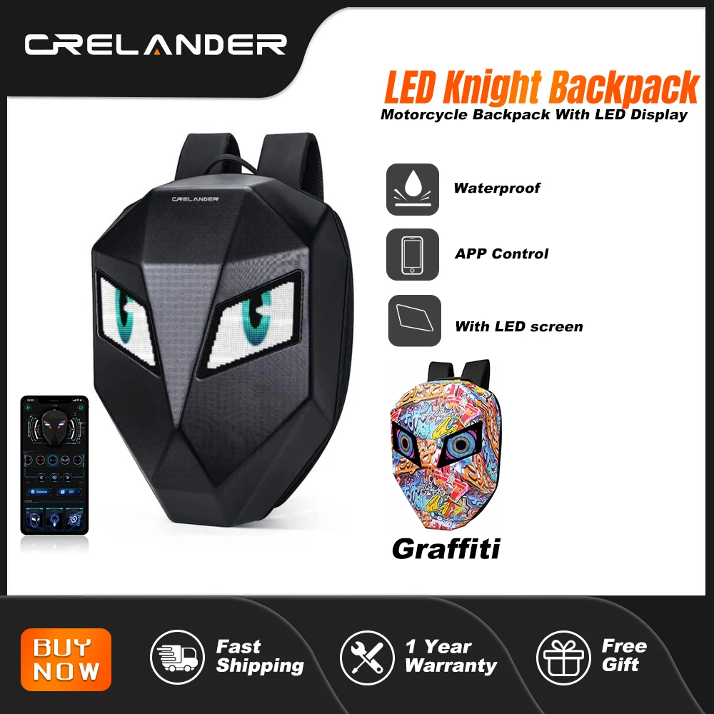 

CRELANDER LED Knight Backpack Waterproof Hard Shell Travel Bag Laptop Backpack APP Control DIY Programmable Motorcycle Backpack