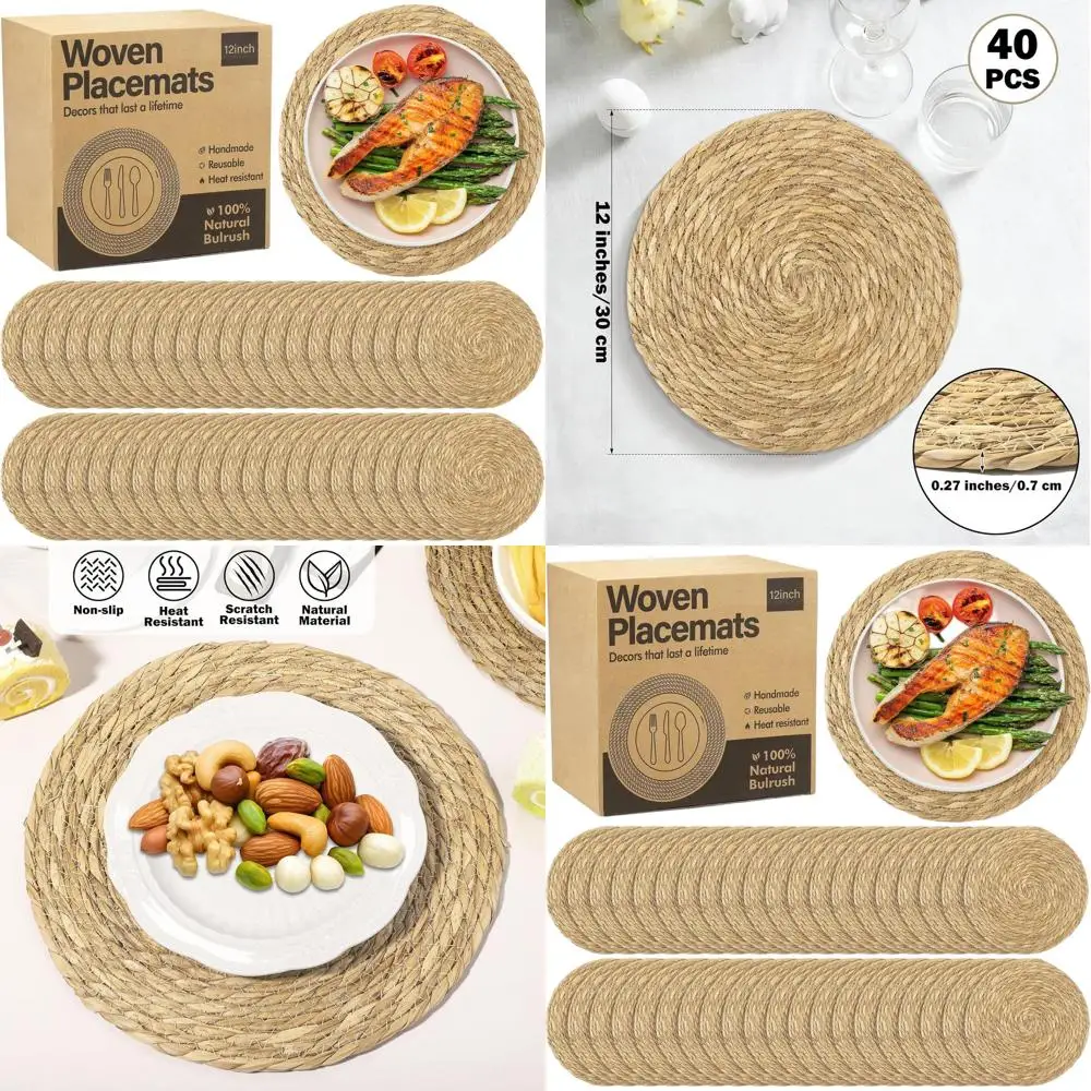 

12 Inch Round Bohemian Rattan Woven Placemats, Set of 40 for Farmhouse Dining Table