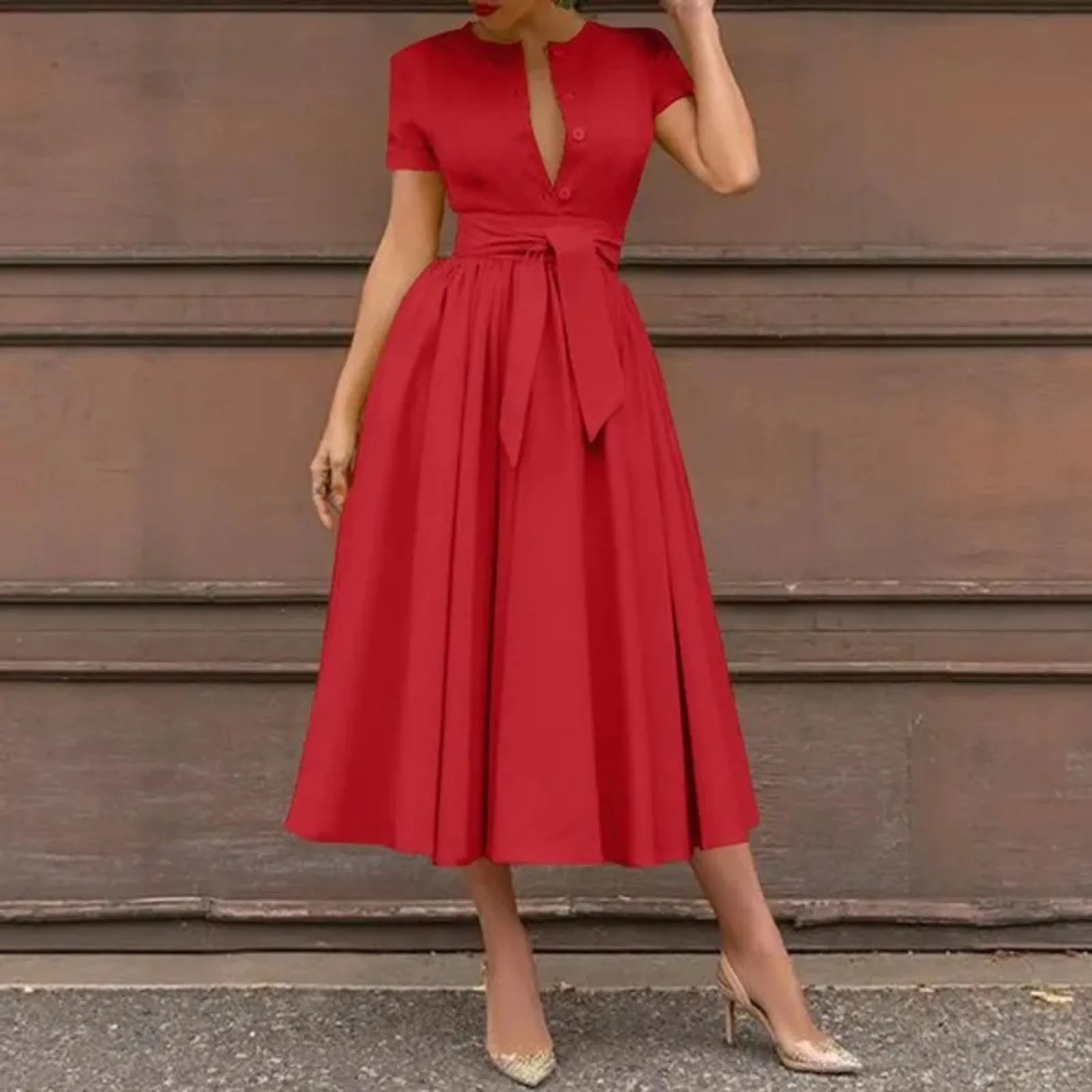 2023 Casual Short Sleeve Holiday Sundress Women Elegant Solid Maxi Dress Summer Vintage Party Belted Vestidos Button OL Kaftan