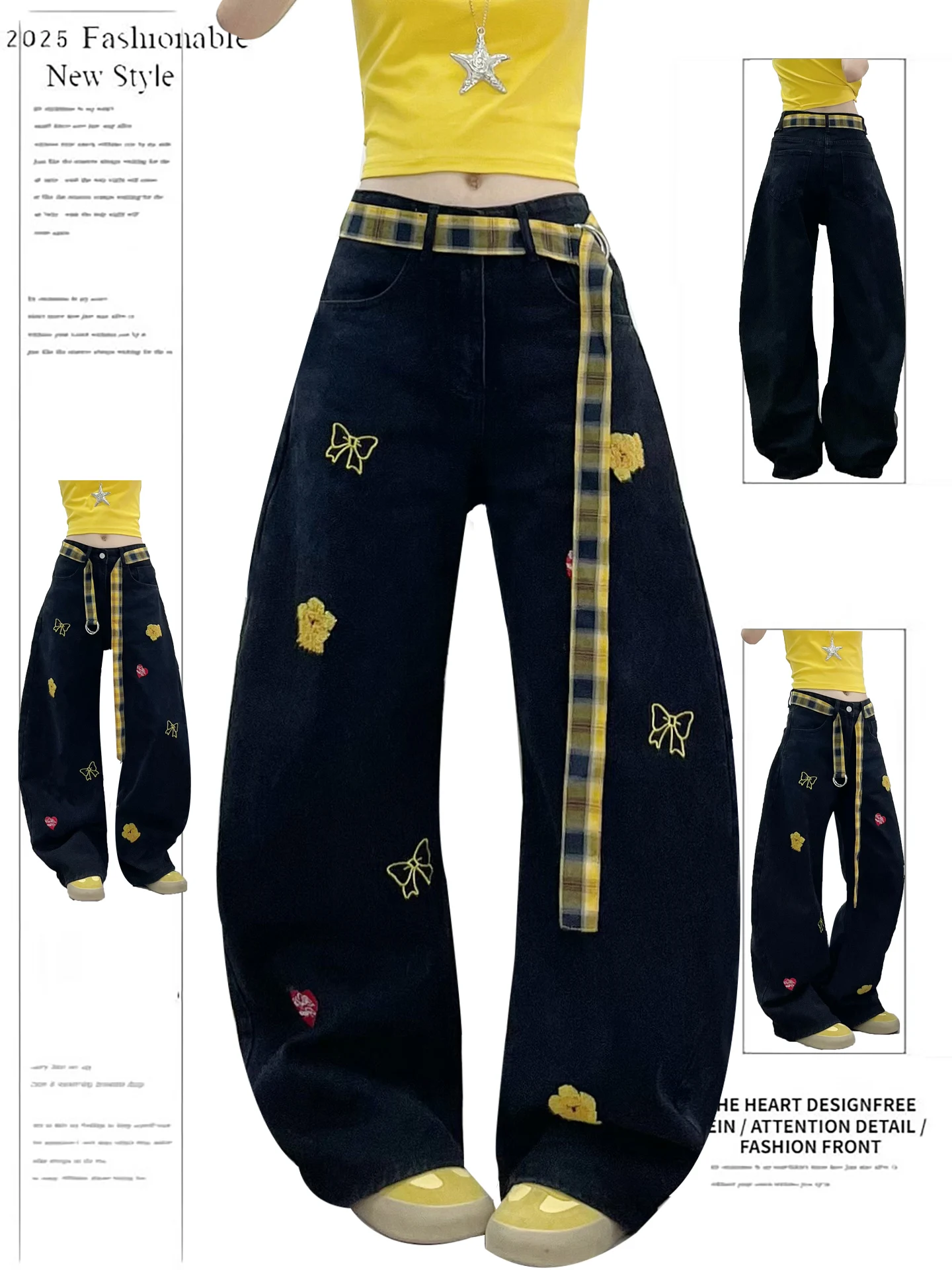 

Casual Cartoon Embroidery Loose Fit Straight Leg Jeans High Waist Wide Leg Pants for Women Couples Sle Summer Bla Denim