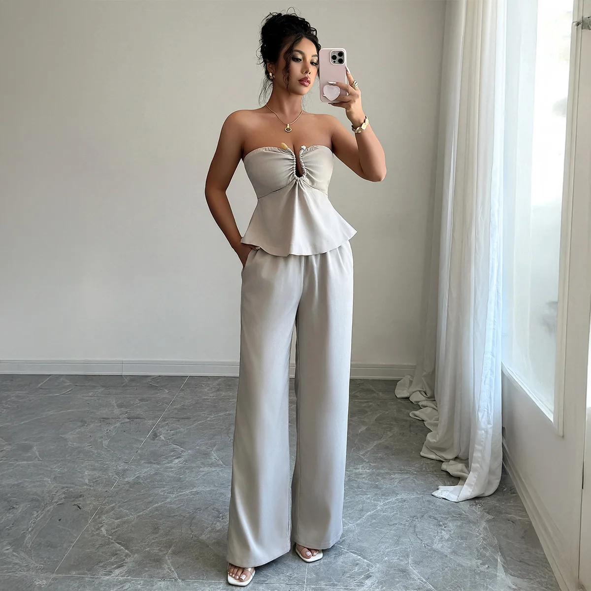 Spring and Summer European and American Elegant and Simple Design Sense Strapless Top Straight Leg Pants Two-piece Set for Women
