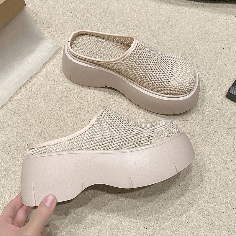 Mesh High Heels Mules Women Slippers Shoes Wedges Platform Sandals 2024 Summer Dress Slingback Pumps Brand Mujer Zapatos Slides