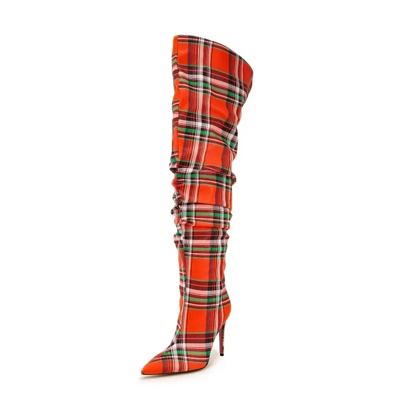 

European and American high-heeled color blocked checkered fabric knee high sleeve boots for women's fashionable banquet boots