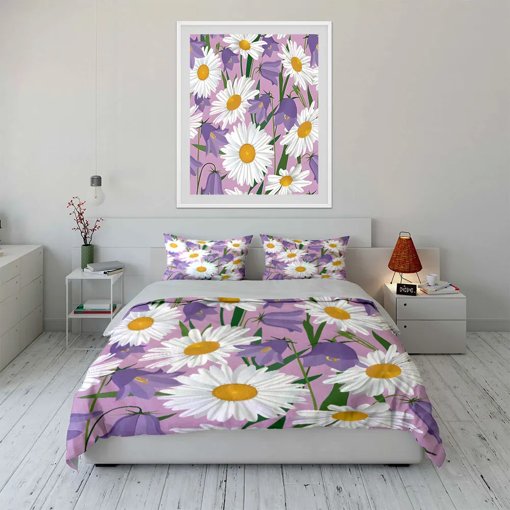 Purple bellflowers and white daisies Bedding Set for Kids Luxury Gift 3pcs Digital Print Comforter Set Soft Comfortable