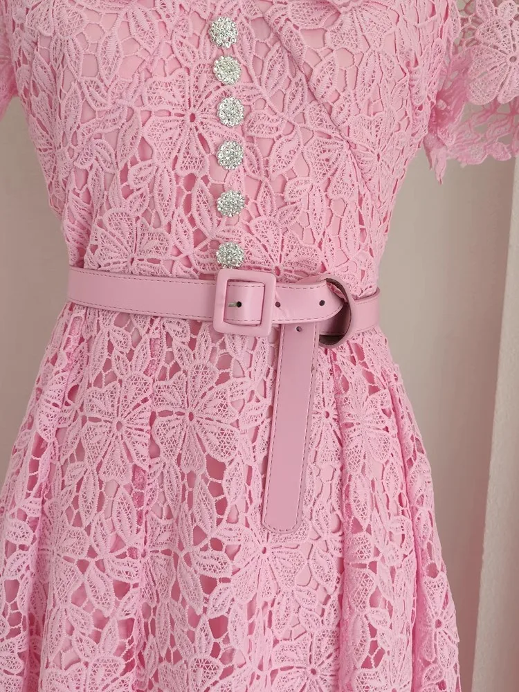 Summer Holiday Flower Embroidery Lace Dress Women Water Soluble Hook V Neck Diamonds Buttons Belt Evening Wedding Party Sundress
