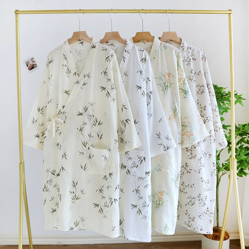 All Cotton Bamboo Crepe Cloth Nightgown Kimono Bathrobe Ladies' Spring and Autumn Season Gauze Double-layer Thin Pajamas