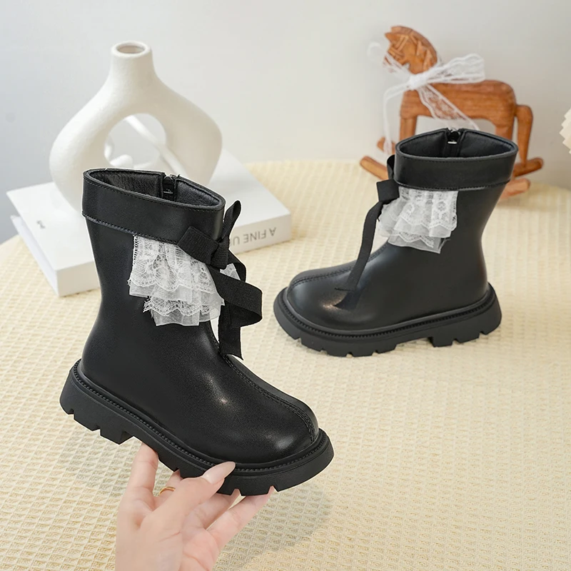 

Осень-зима 202, новые детские нескользящие ботильоны для отдыха, модные корейские ботинки принцессы на мягкой подошве с кружевным украшением.