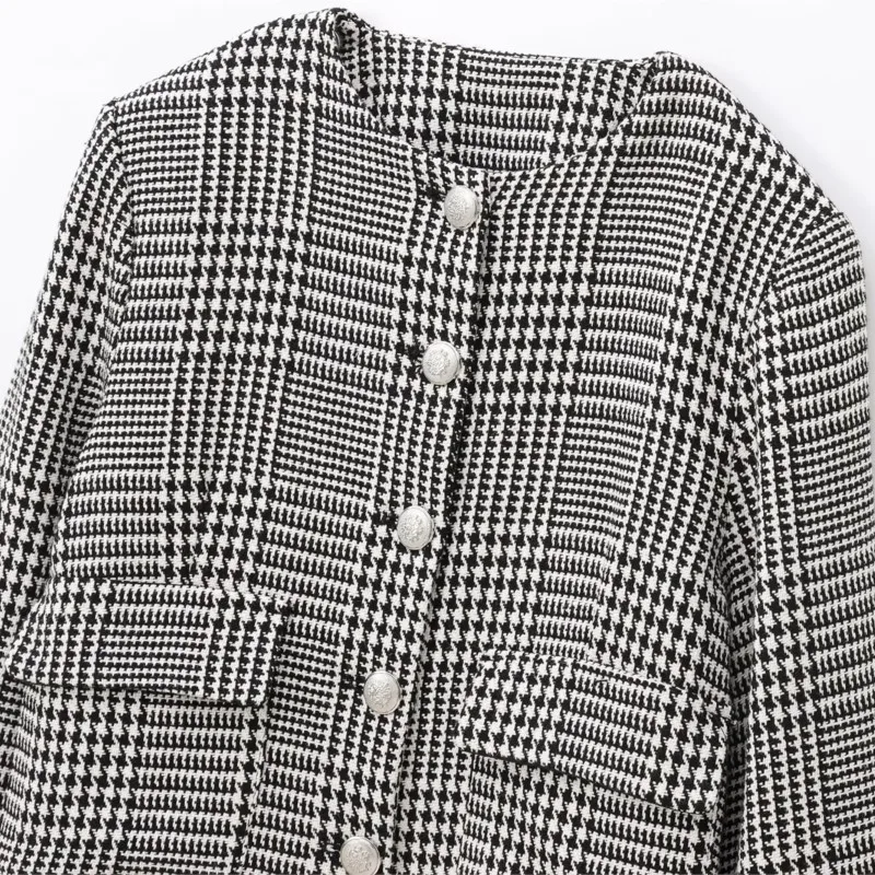 TRAF Houndstooth Korte Blazers Voor Vrouwen Herfst Mode Zakdecoratie Eenvoudige Knop Korte Lange Mouwen Jas Vrouwelijke Blazers