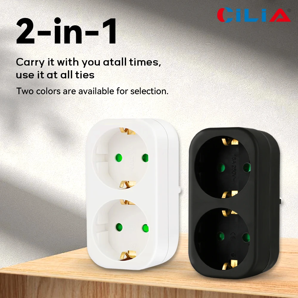 2 Schuko, EU Plug, Multi-outlet, Extension Socket, 250V, 16A, CE Certification, Standard Grounding for EU, Home, Kitchen, Bedroo