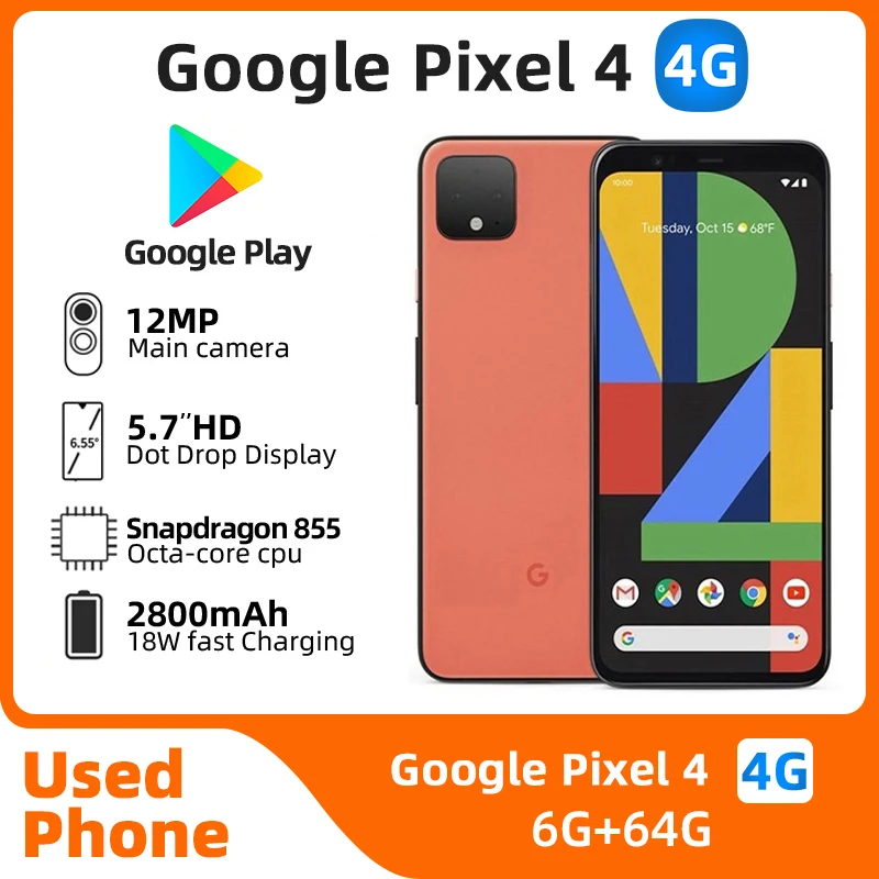 Google Pixel4 4G CPU Qualcomm Snapdragon 855 Battery capacity 2800mAh smartPhone 12MP Cameraoriginal used phone