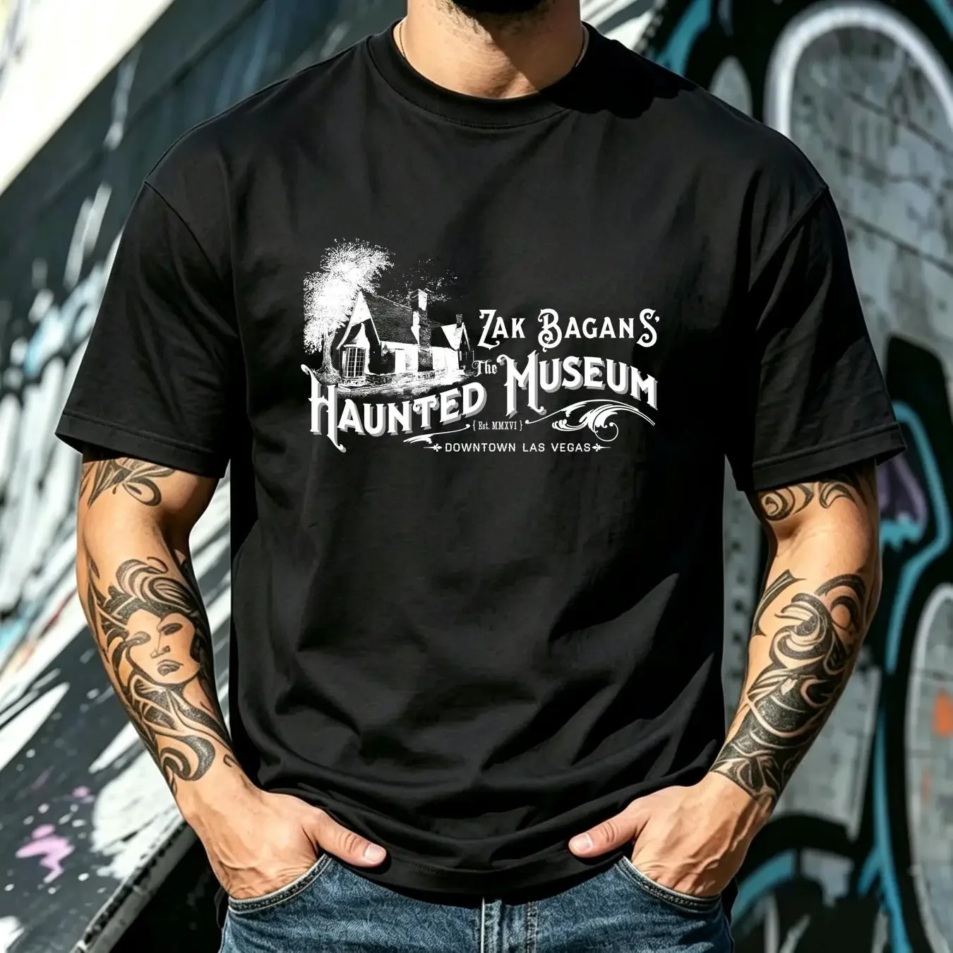 washed T Shirt ZAK BAGANS THE HAUNTED MUSEUM LAS VEGAS Black LARGE Ghost Adventures TV vintage Washed Breathable Stylish
