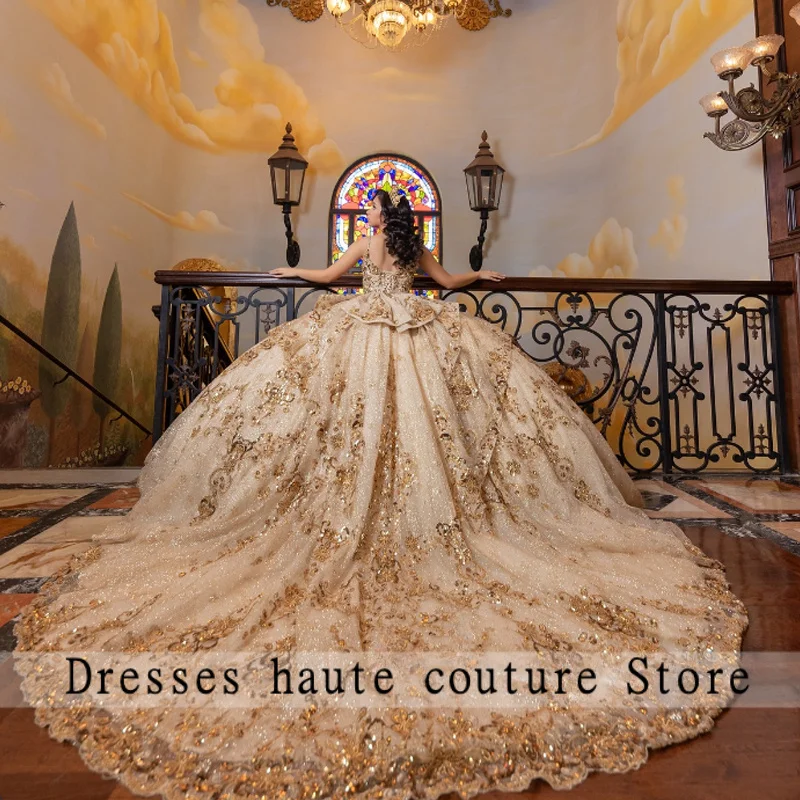 Блестящие платья для Quinceañera цвета шампанского золота с открытыми плечами, из тюля с пайетками, Vestidos De 15 Años, на заказ