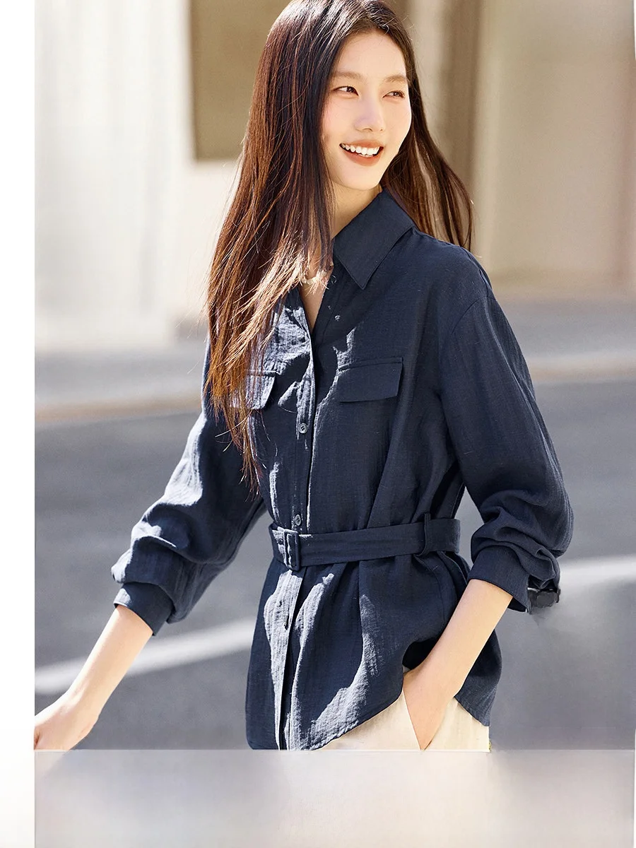 

XWI Women's Long Sve irt Loose Waist Slimming k Blue Casual Sle Fiber Blend Breathable Spring 2026