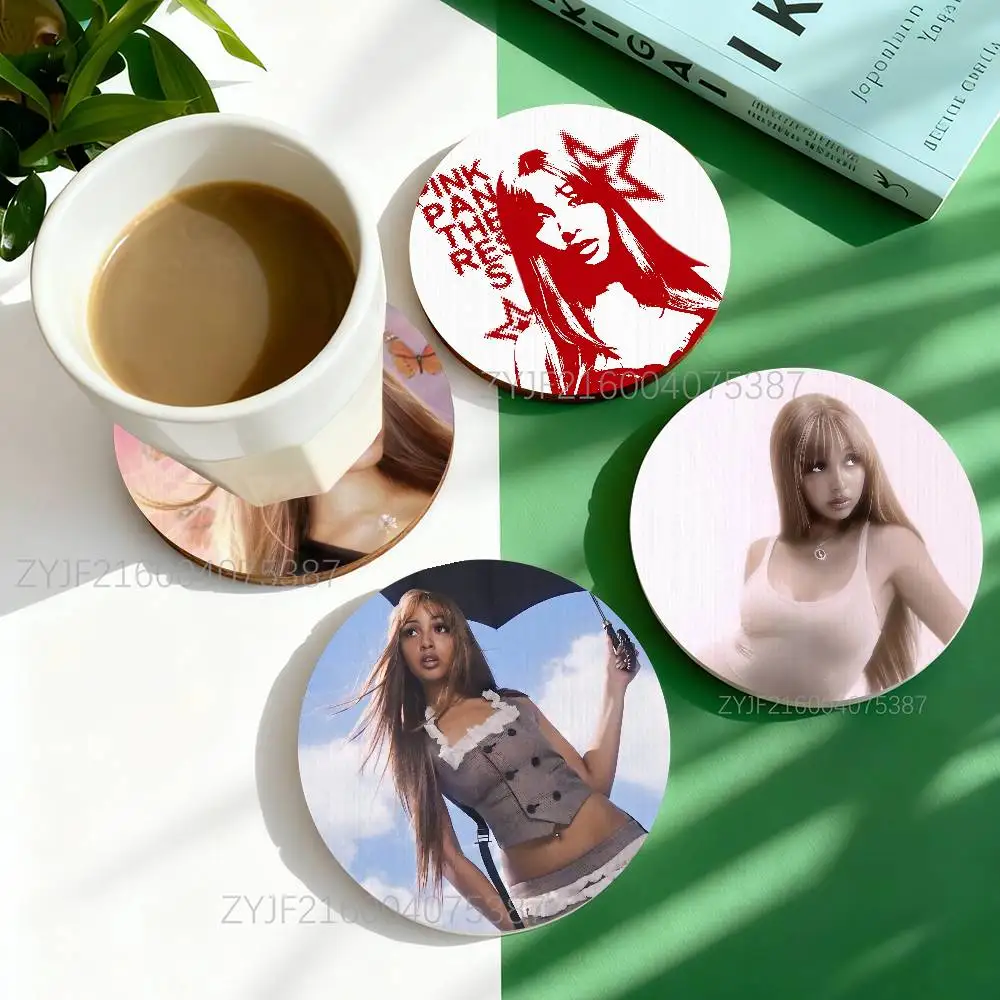 

P-Pinkpantheress Fancy Some More Pattern Art Coasters Round Wooden Heat Resistant Non-Slip Home Decor Gift Multifunctional