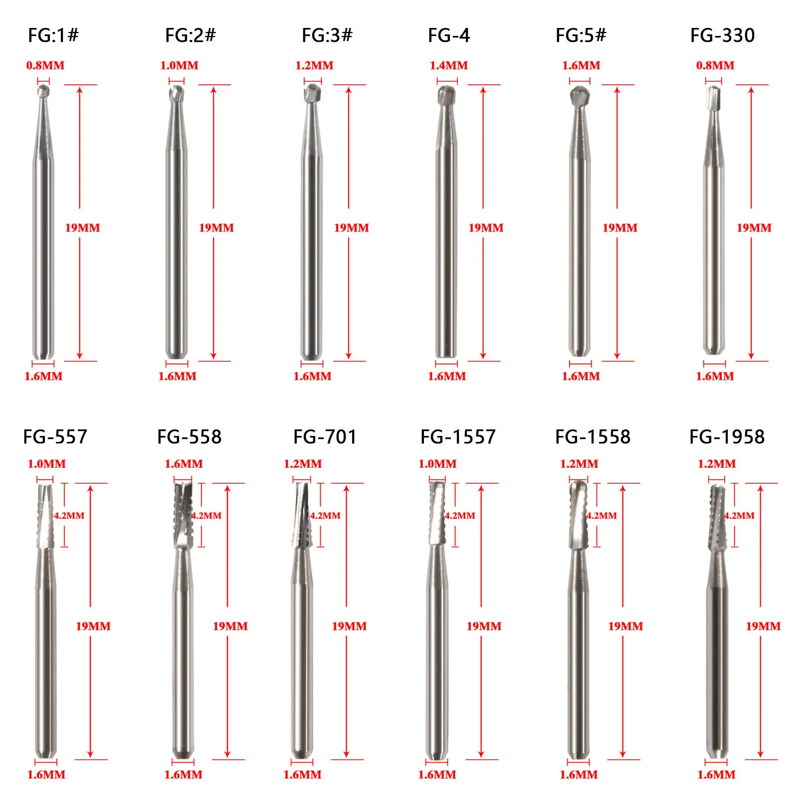 Fraises dentaires en carbure de tungstène FG, 12 types, rondes, pour pièce à main à grande vitesse