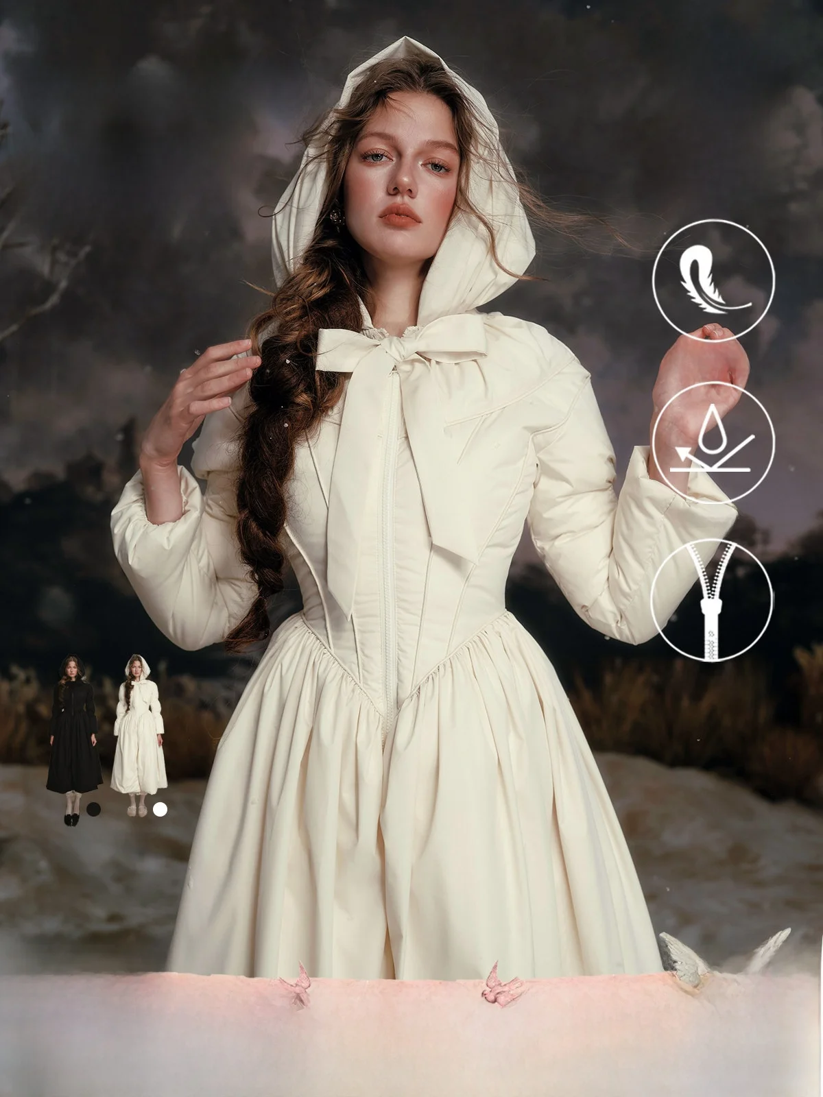 

White Long Waist-Cinching down Jacket Princess Style Thickened Winter Coat Black And White Warrior Design Warm Zipper Closure